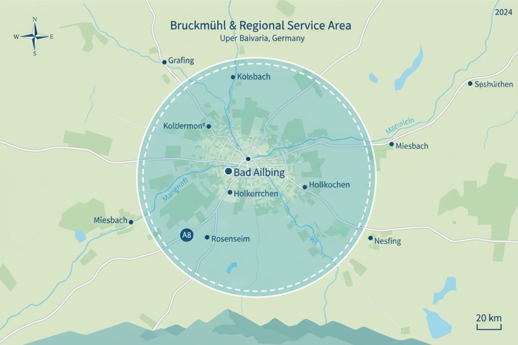 Bruckmühl Region Karte Servicegebiet Hochdruckreinigung 20km Radius