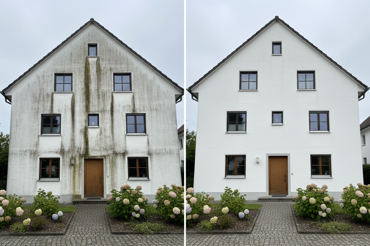 Fassadenreinigung Vorher Nachher Rosenheim Hochdruckreinigung Hausfassade