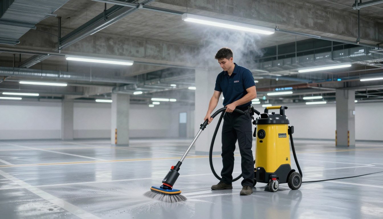 Gewerbliche Parkplatzreinigung Hochdruckreinigung Tiefgarage