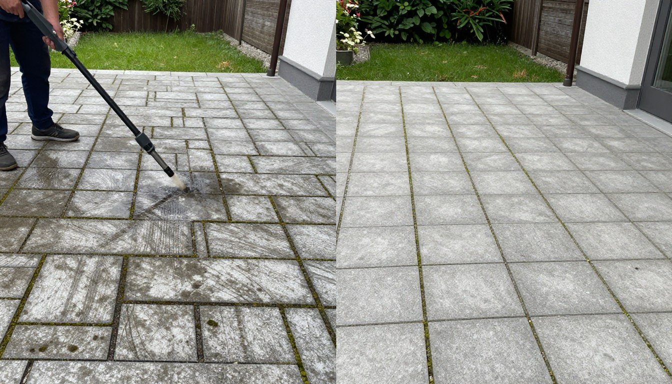 Hochdruckreinigung Bruckmühl - Vorher-Nachher Vergleich einer gereinigten Terrasse