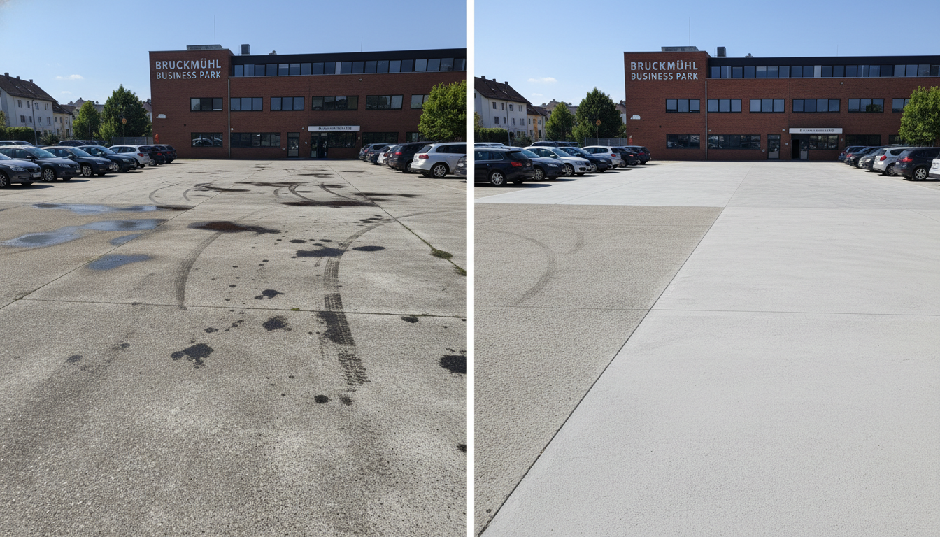 Parkplatzreinigung Vorher Nachher Bruckmühl Gewerbe Hochdruckreinigung
