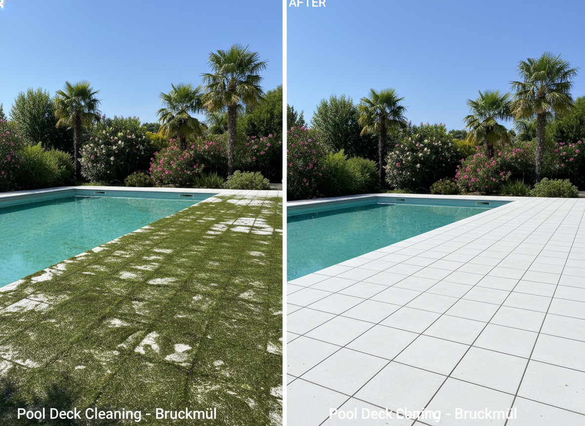 Poolumrandung Reinigung Bruckmühl Hochdruckreinigung Vorher Nachher