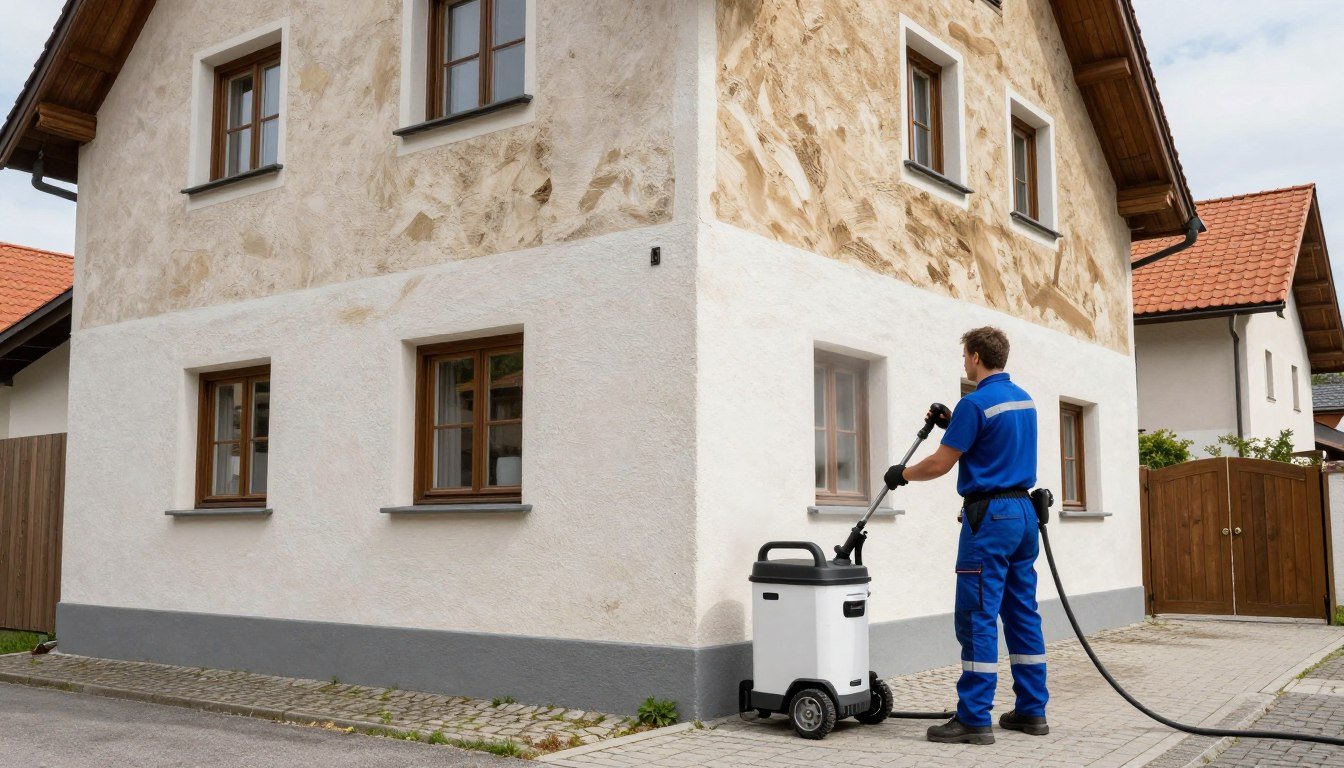Professionelle Hochdruckreinigung an einer Hausfassade in Bruckmühl
