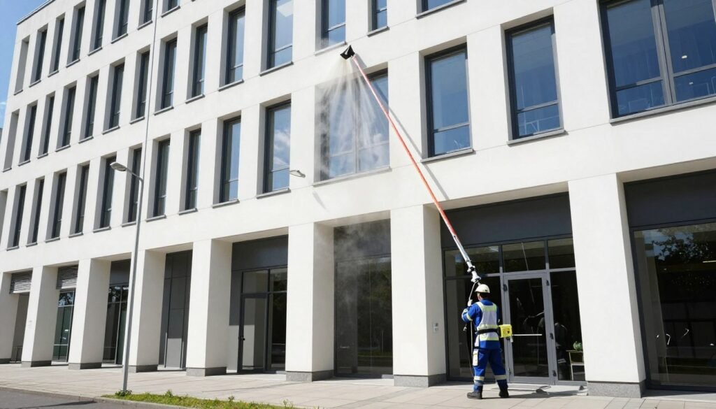Saubere Gewerbefassade nach professioneller Reinigung