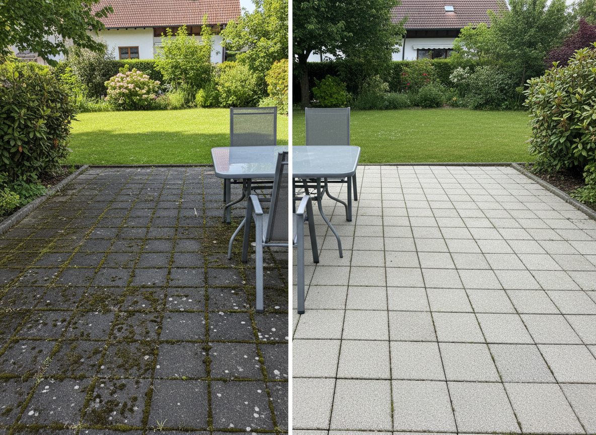 Terrassenreinigung Vorher Nachher Bad Aibling Pflastersteine Hochdruckreinigung Ergebnis