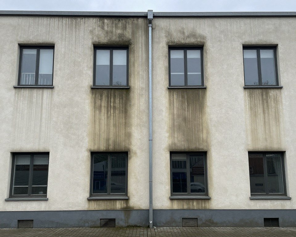 Verschmutzte Gewerbefassade vor Reinigung