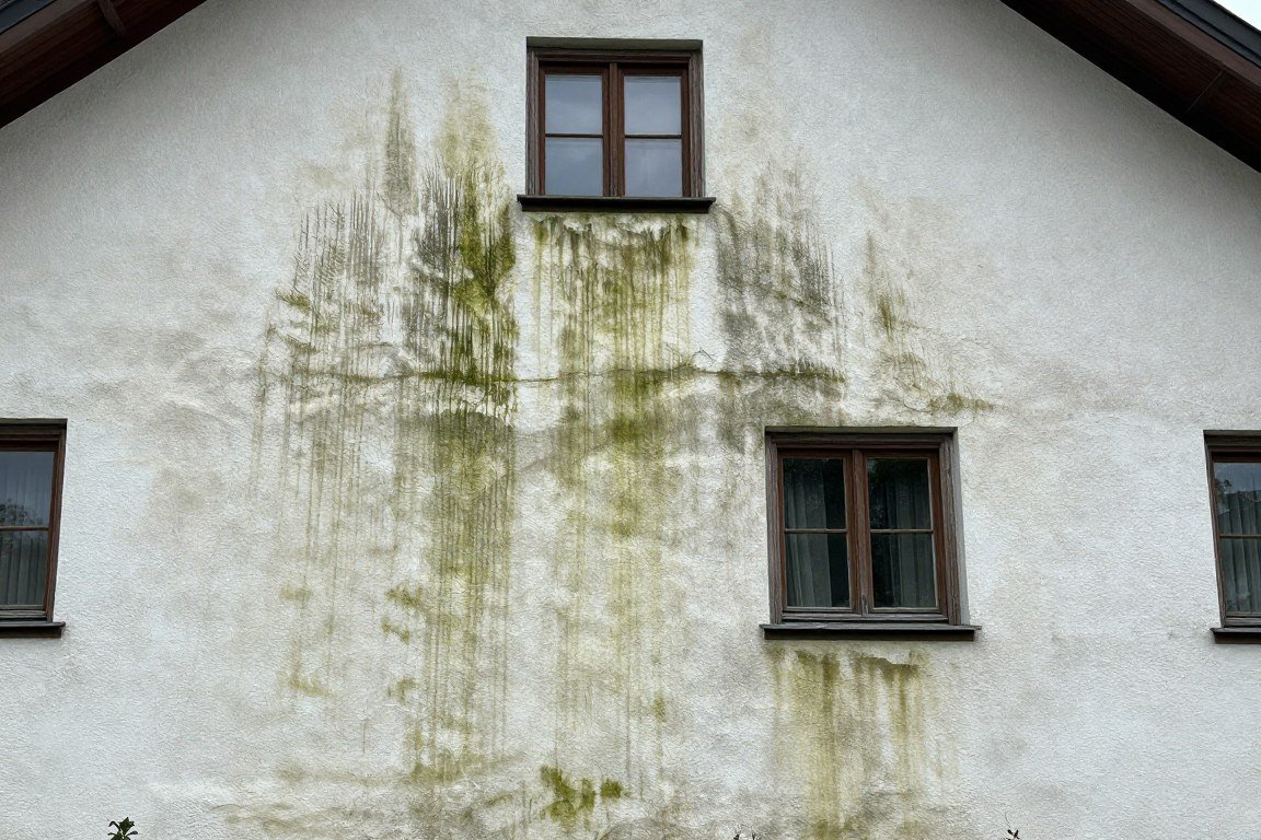 Verschmutzte Hausfassade vor der Reinigung